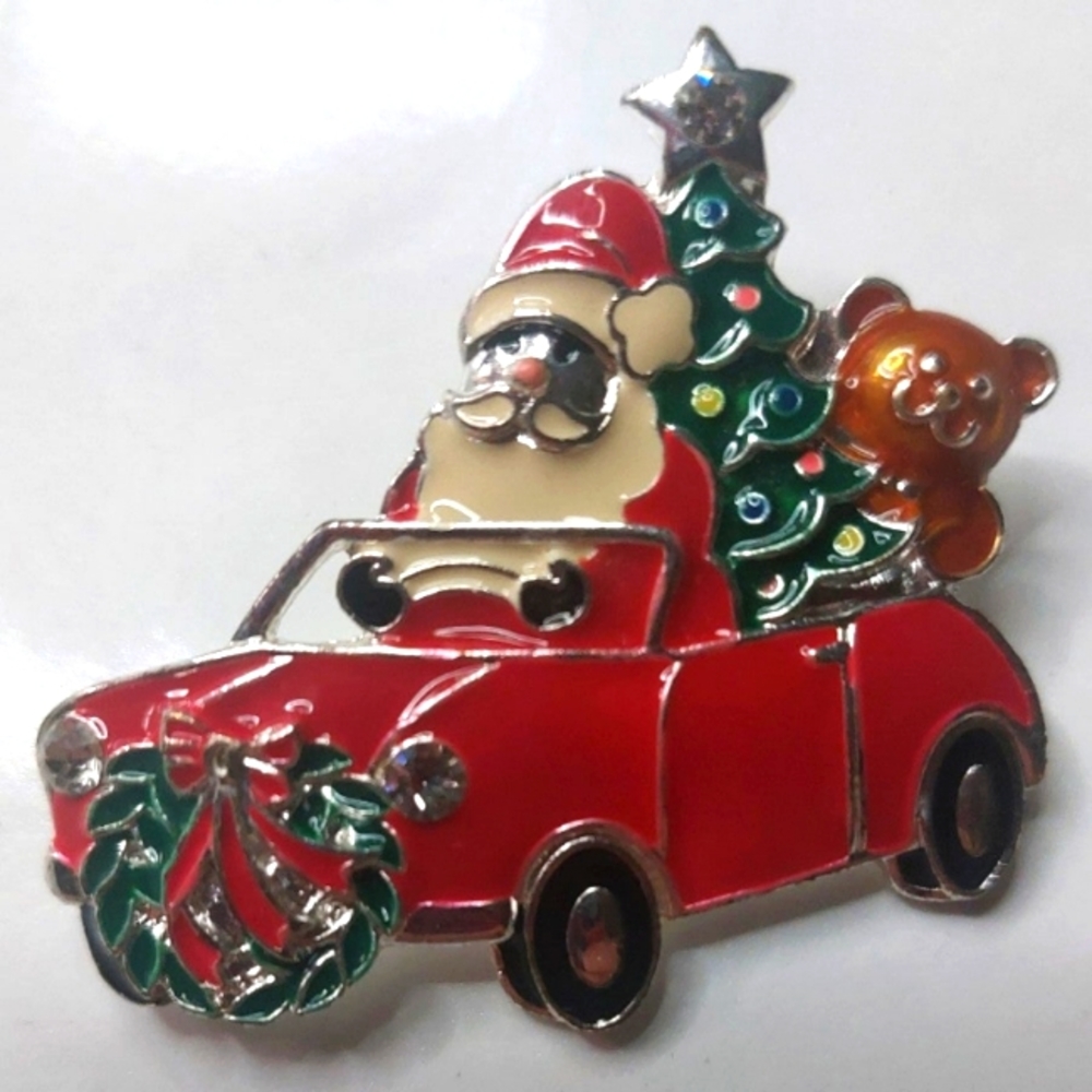Santa Holiday Christmas brooch pin driving red convertible, Tree Rhinestones